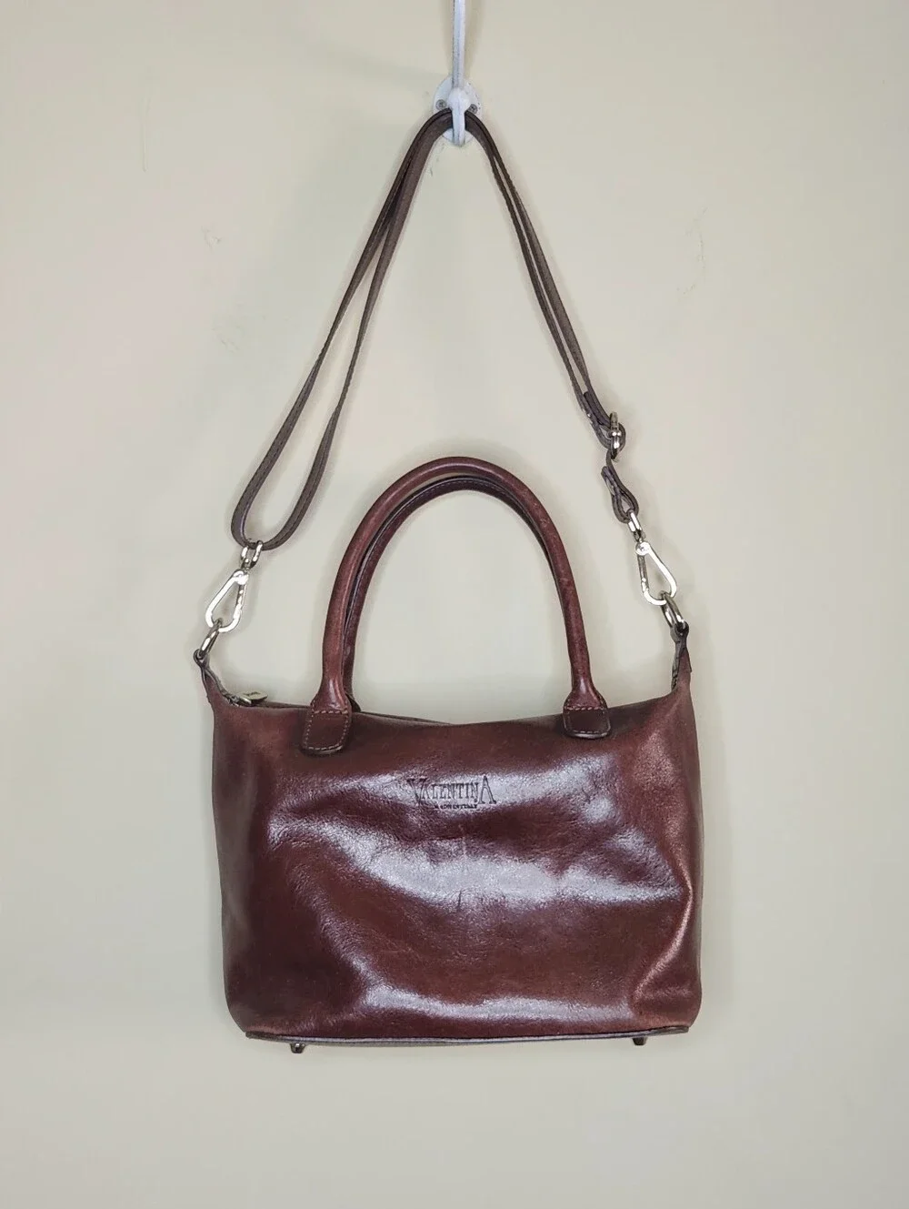 Vintage Valentina Brown Leather Tote Crossbody Bag Made in Italy